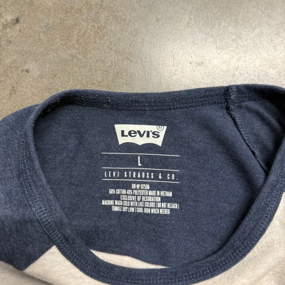 Levis Mens Long Sleeve Raglan Baseball Tee Shirt Blue Grey Logo Large 2434